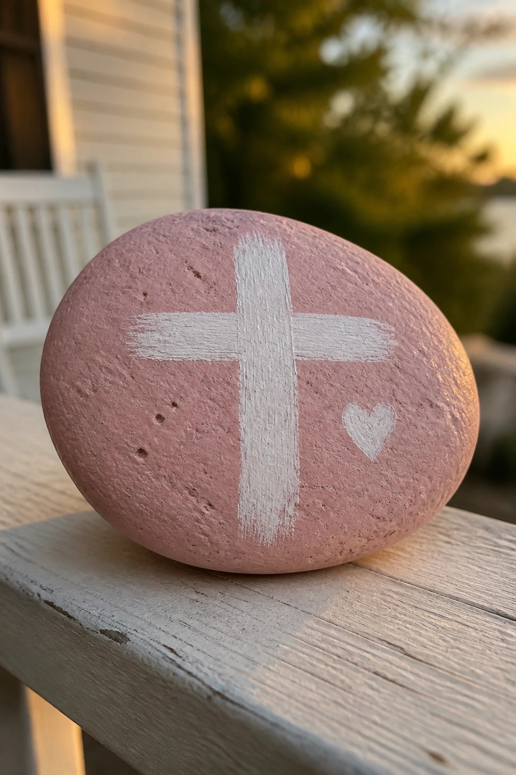 Pink rock with white cross and heart on weathered wooden railing
