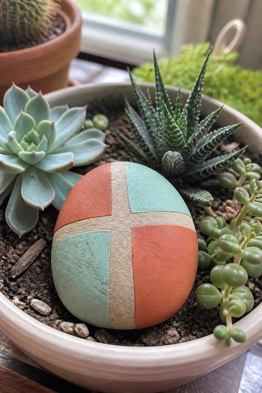 Painted rock with orange, teal, and beige cross pattern among succulents