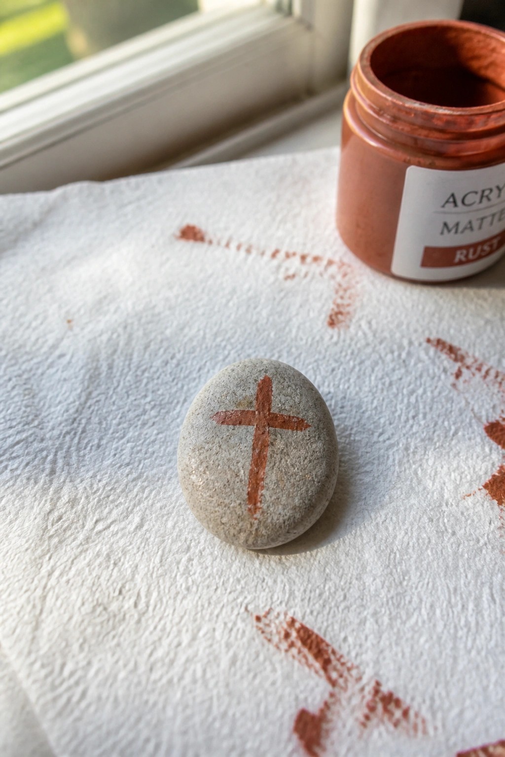 Smooth gray stone with rust cross beside open acrylic paint jar on white paper