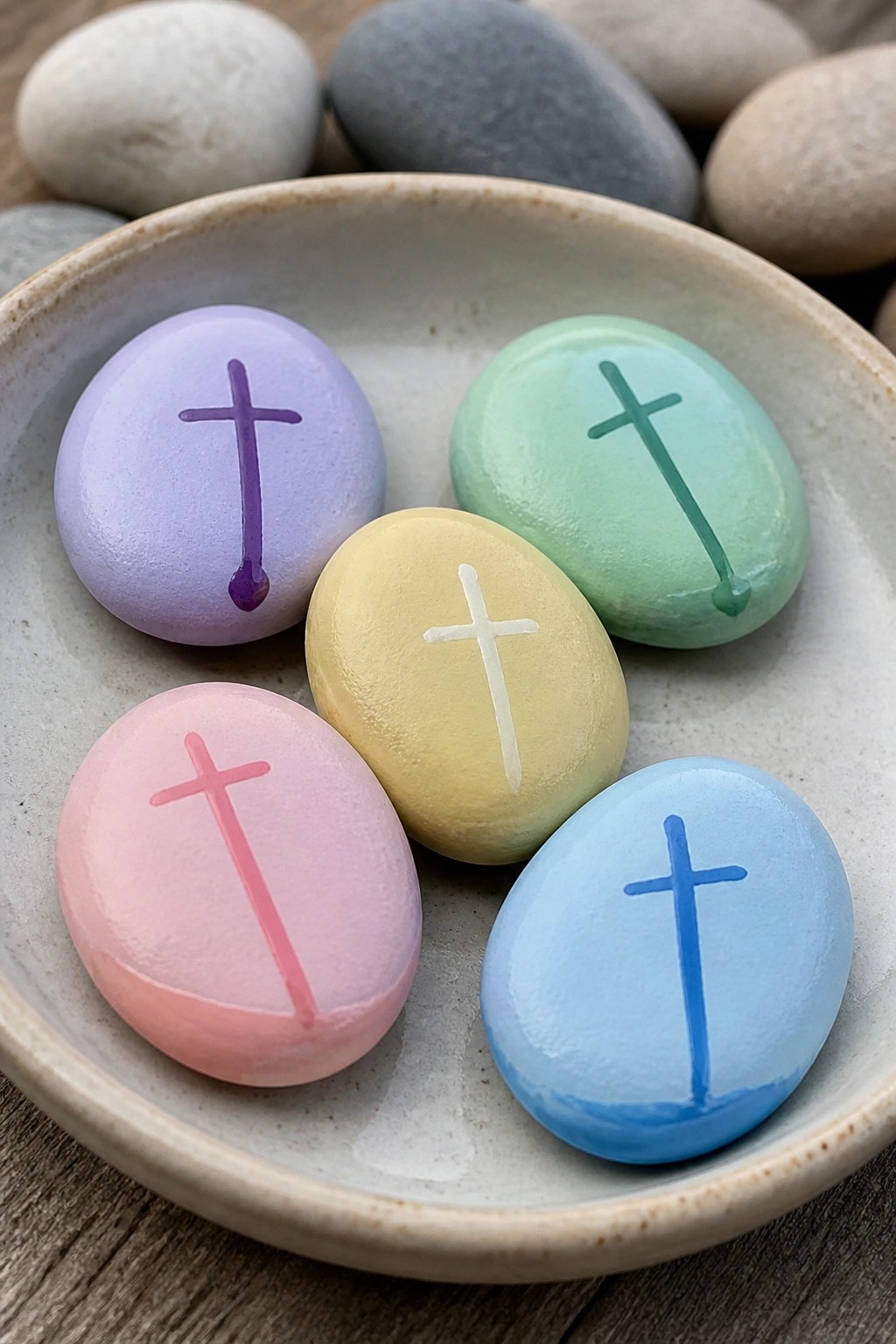 Five smooth oval stones in pastel colors each painted with a simple cross, sitting in a light ceramic bowl.