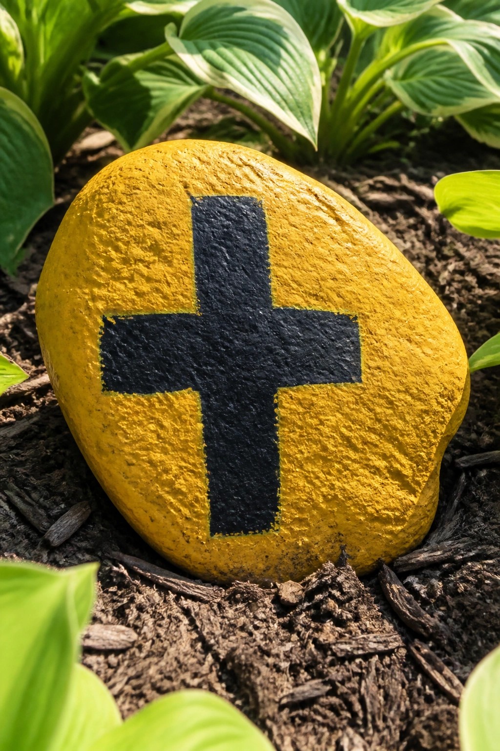 Yellow rock with black cross painted on it in garden soil among plants.