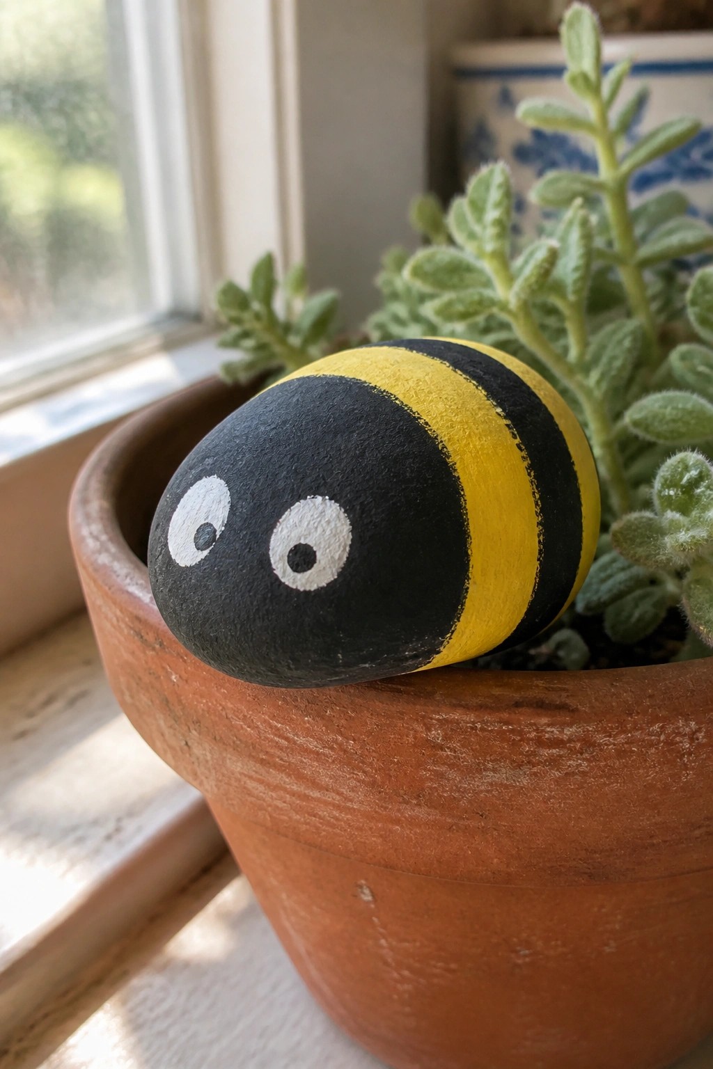 Painted rock bee with black and yellow stripes and cartoon eyes on terracotta pot