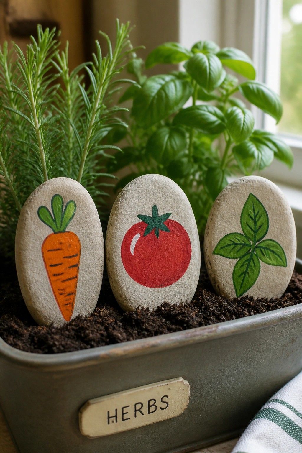 Three painted rocks with carrot, tomato, and basil in metal herb container