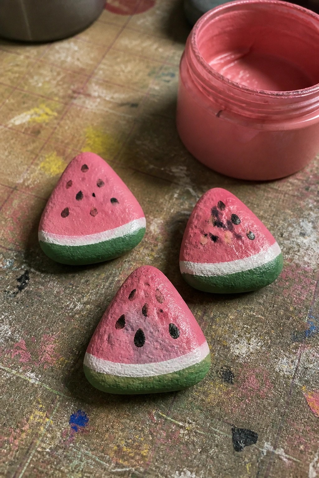 Three watermelon-painted rocks beside an open jar of pink paint on splattered wood.