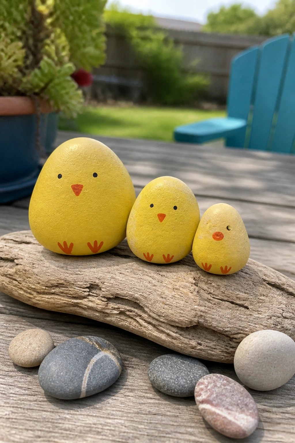 Three yellow painted chick rocks on driftwood amid scattered pebbles on wooden table