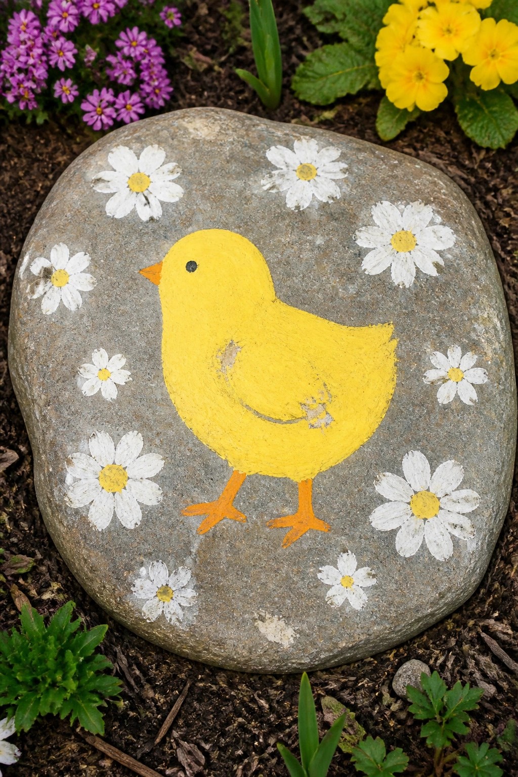 Gray rock painted with yellow chick and white daisies in garden
