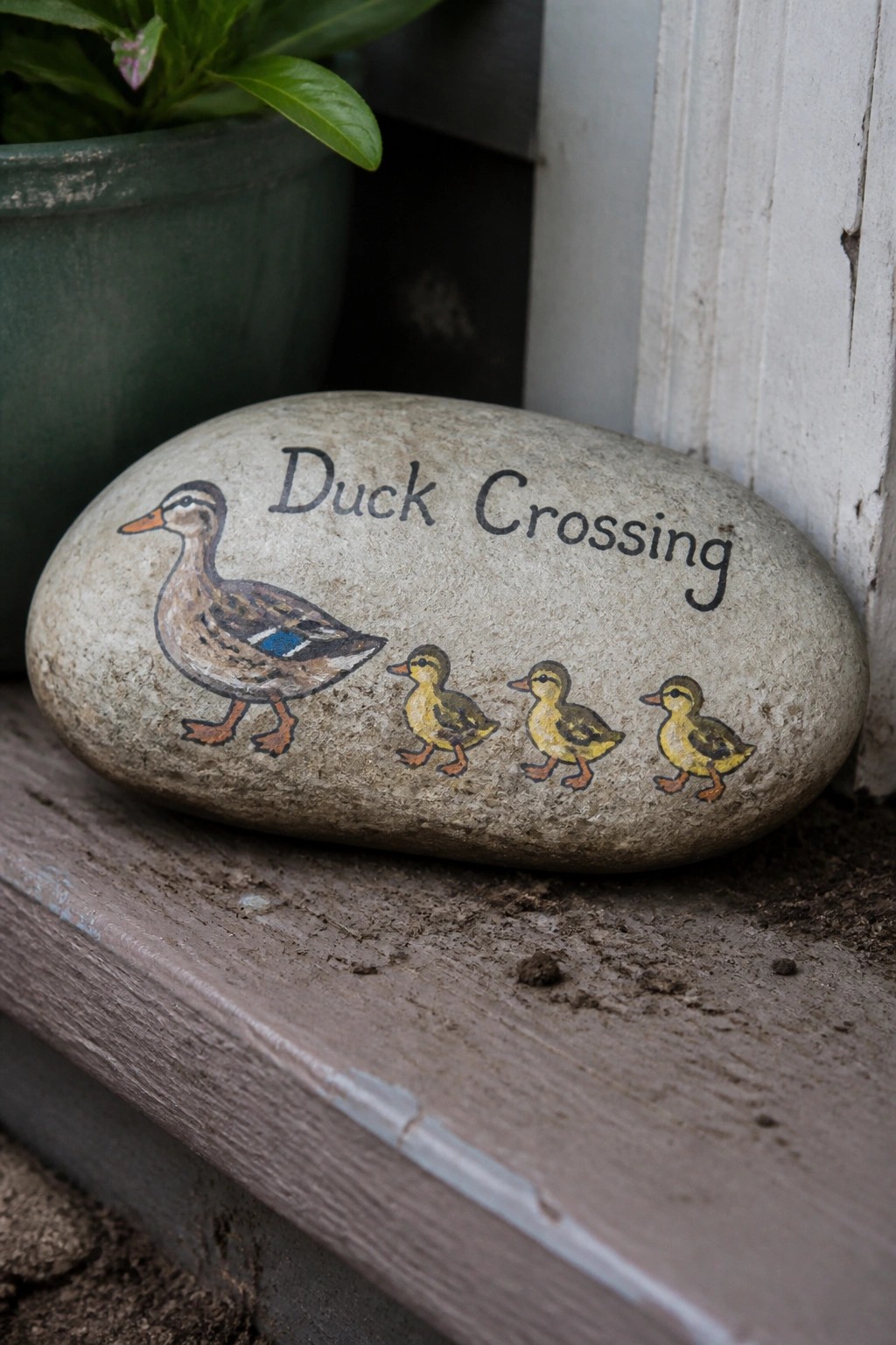 Painted rock with mother duck, three ducklings, and 