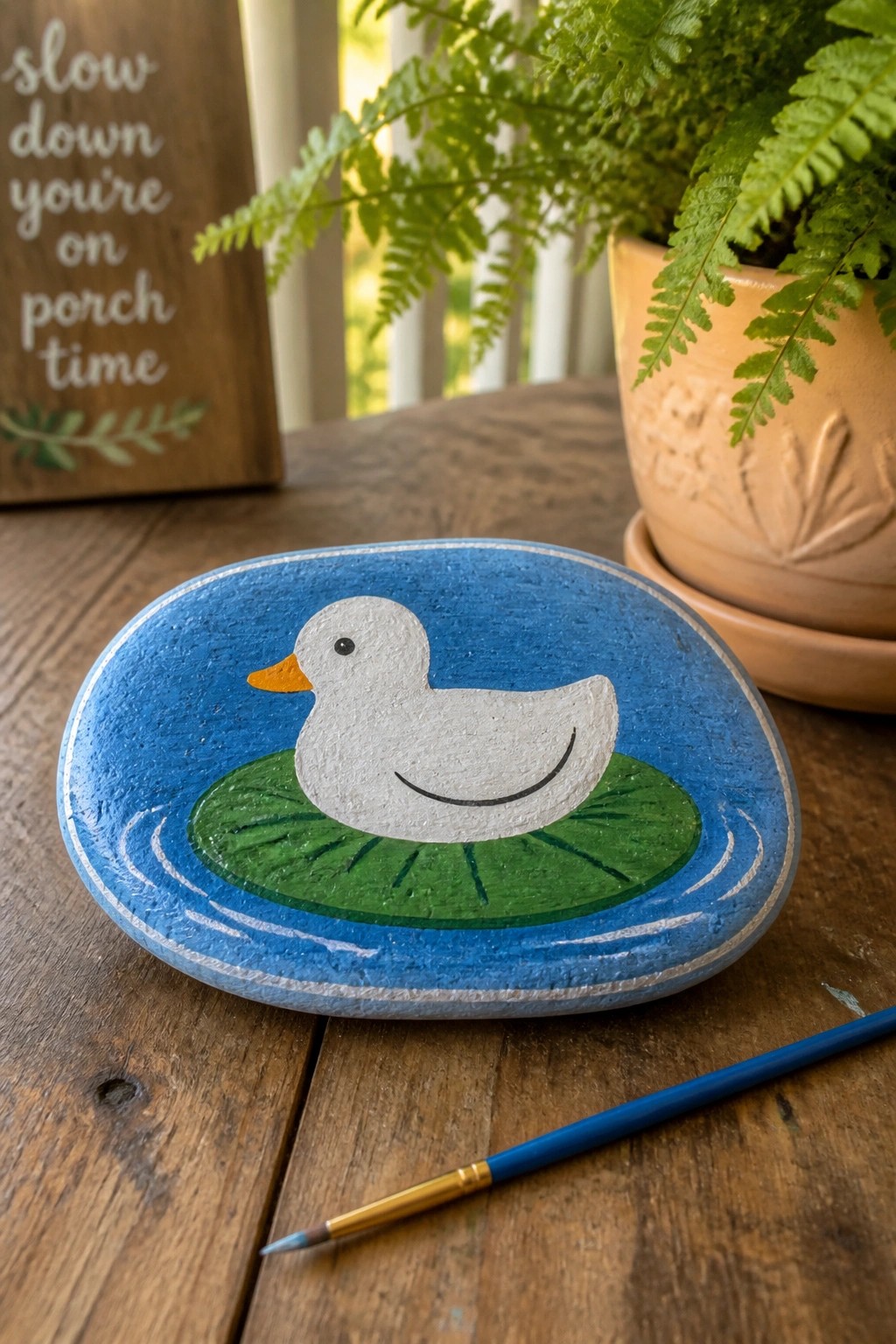 Painted rock of white duck on green lily pad beside blue paintbrush on wood table