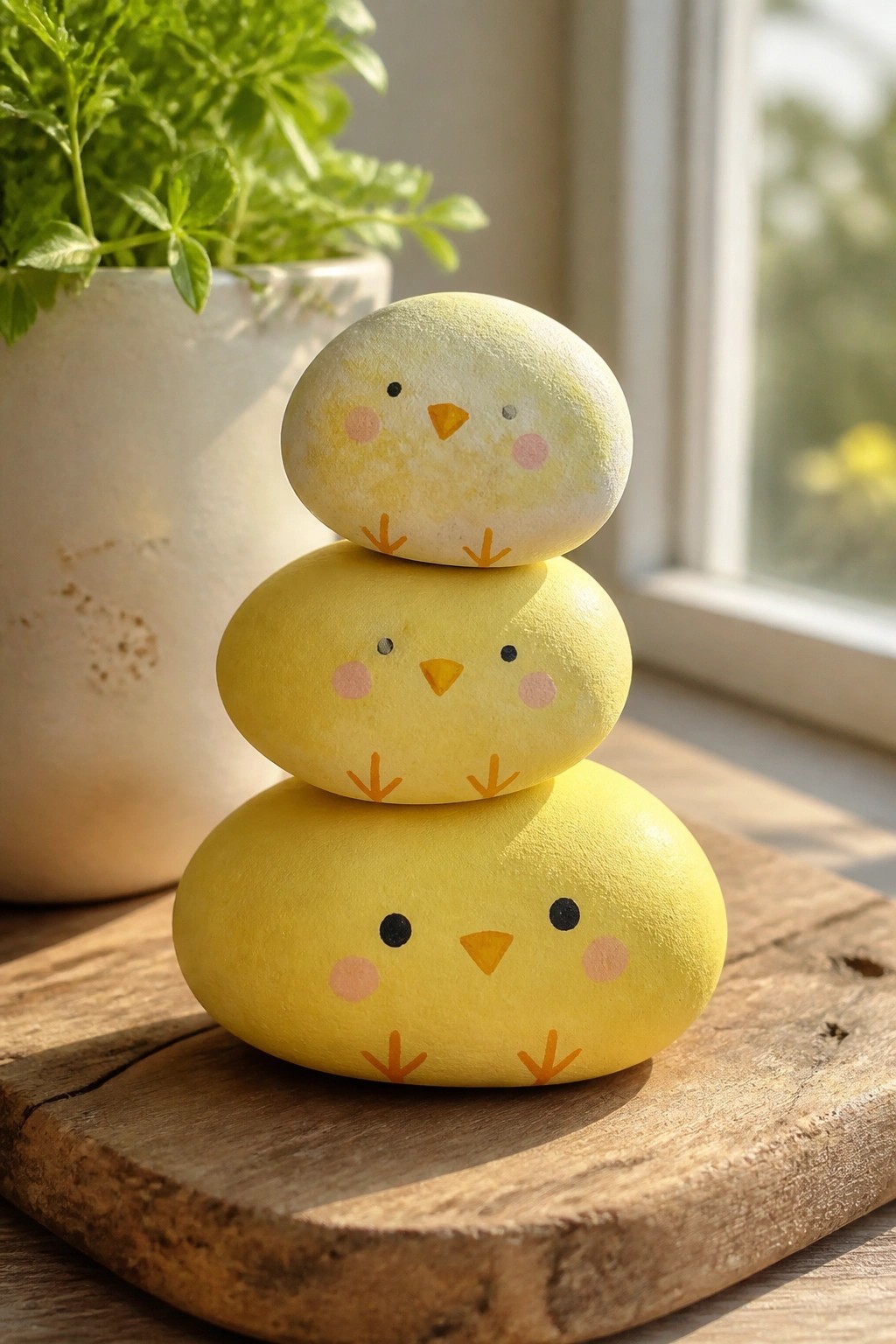 Three stacked yellow chick-faced painted rocks on rustic wooden board.