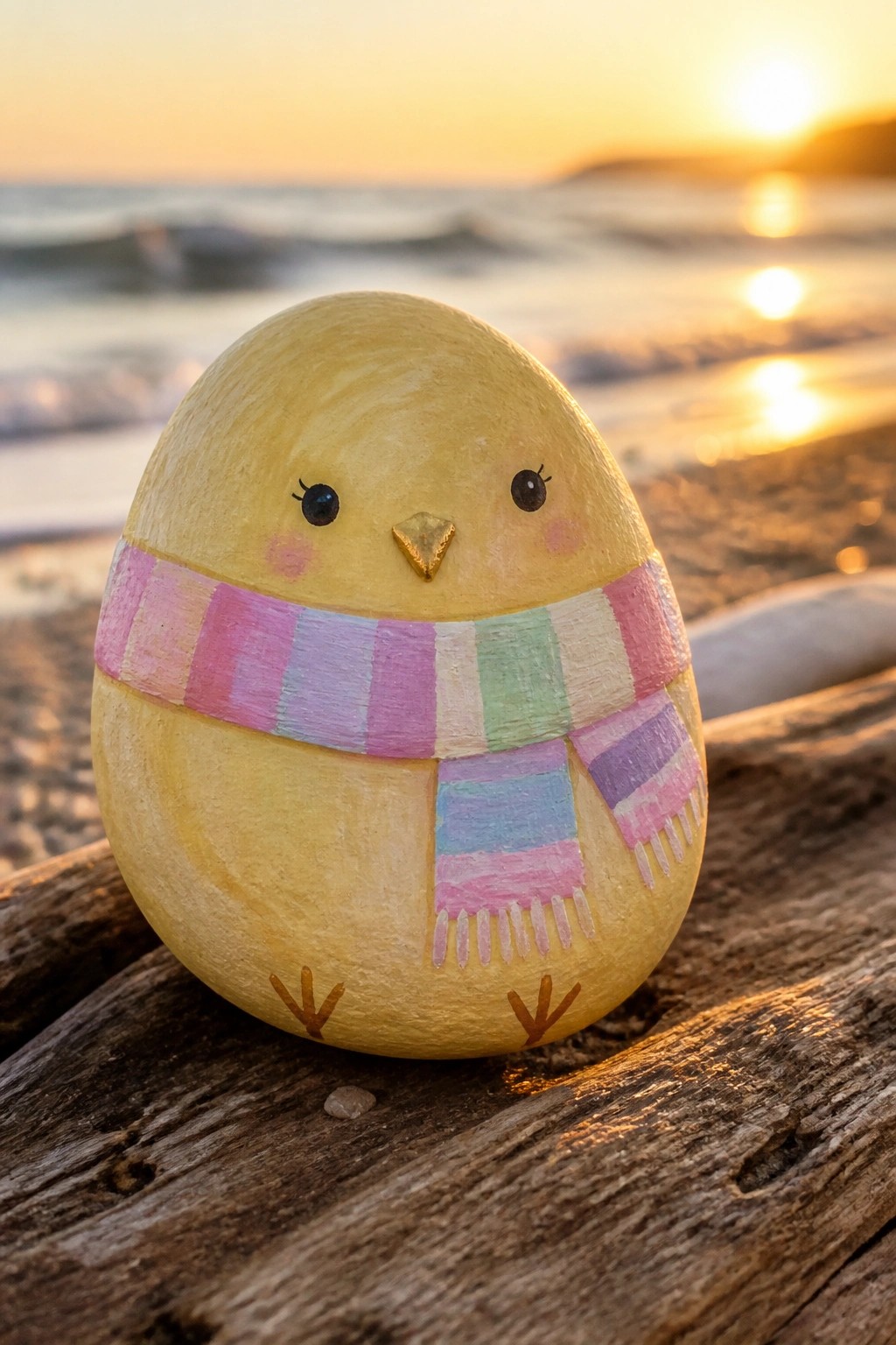 Yellow painted rock chick with striped pastel scarf on driftwood at beach sunset.