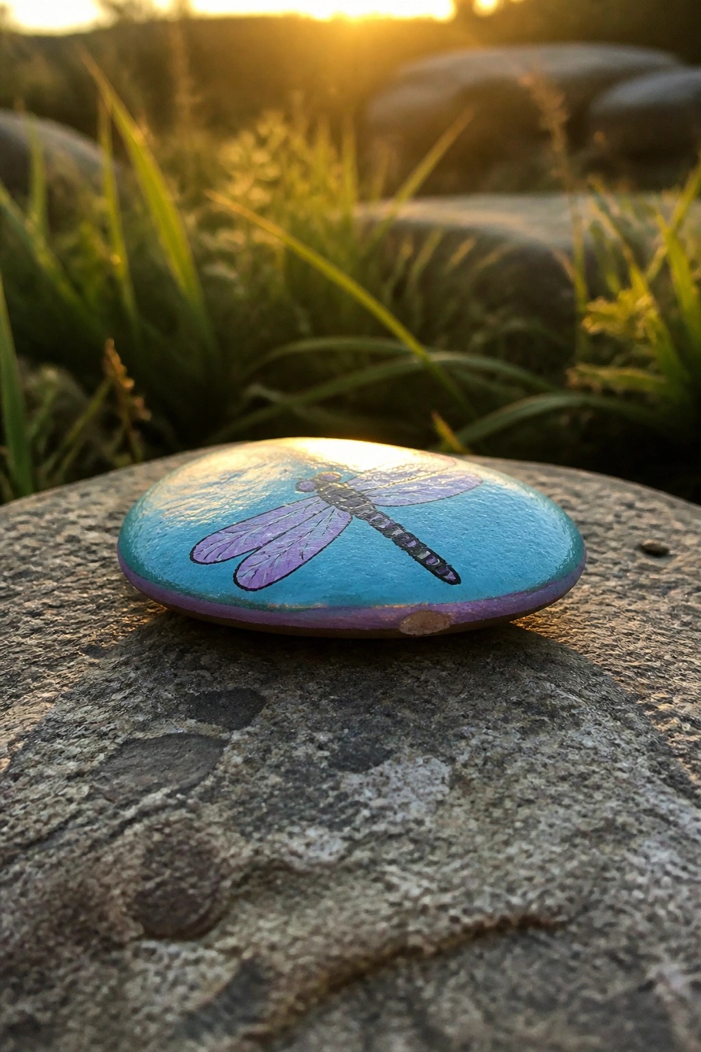 Painted turquoise rock with purple dragonfly on gray stone amid grass at sunset