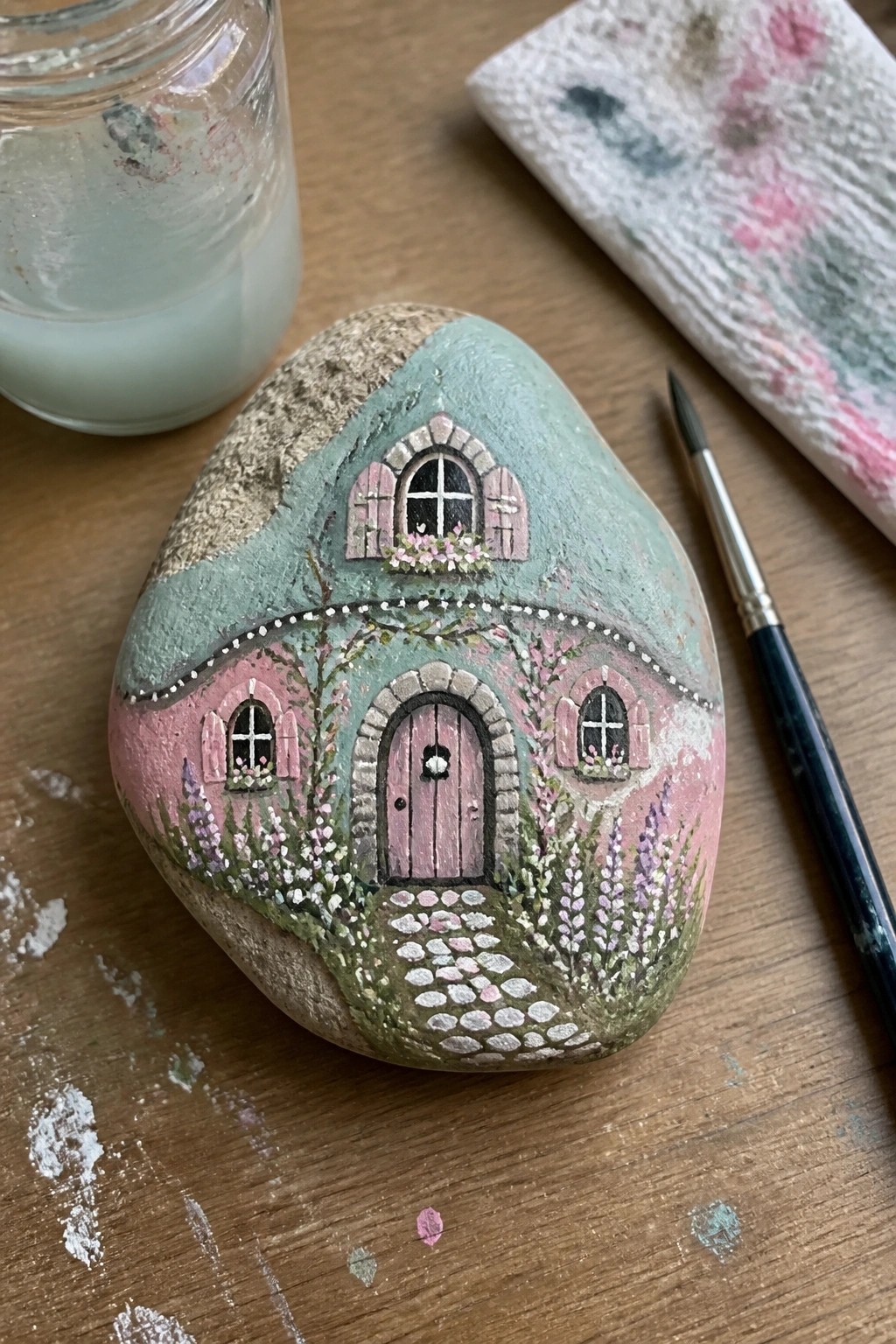 Painted rock cottage with pink door, flowers, path beside paintbrush and jar on wood.