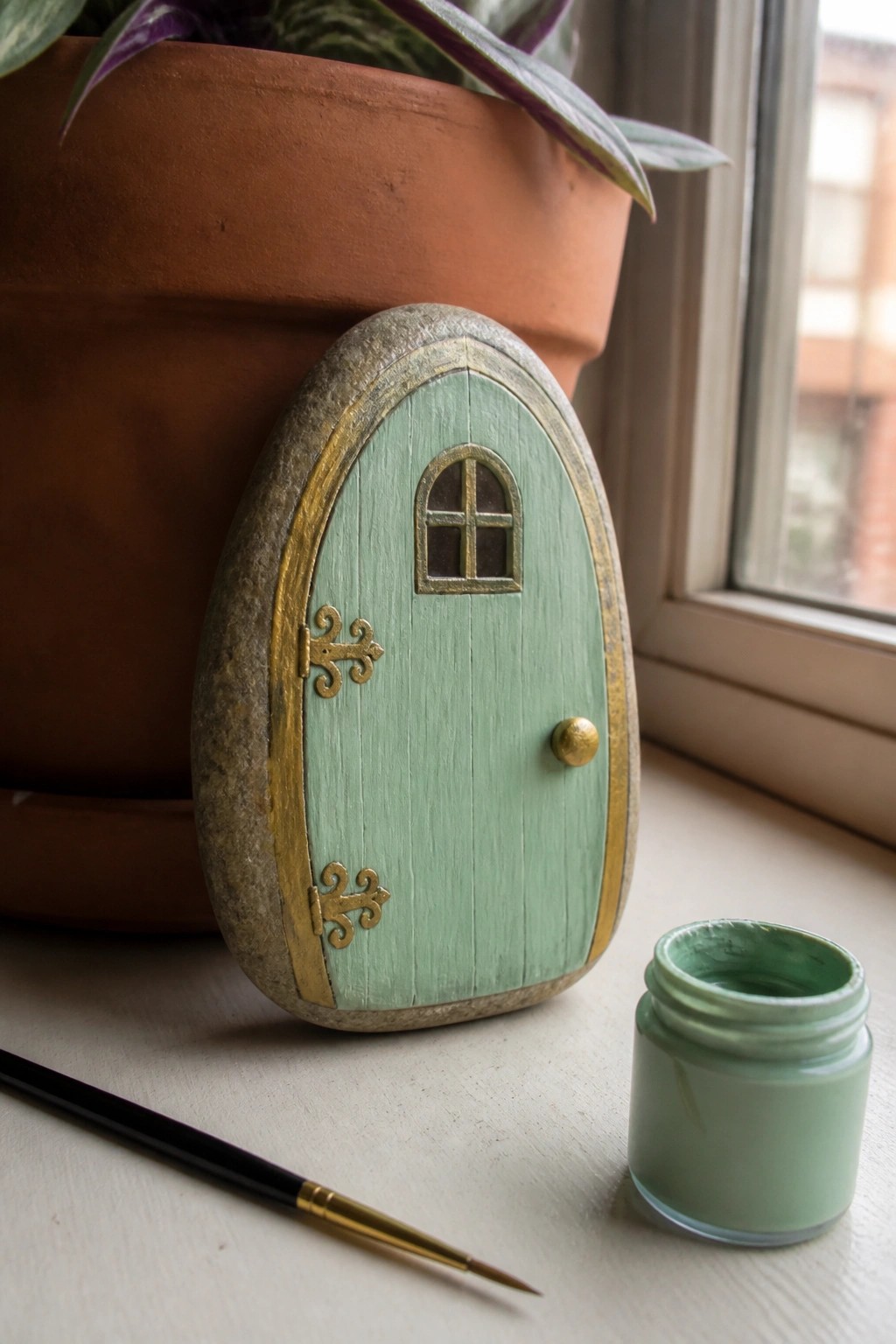 Mint green fairy door painted on stone with gold trim beside paint jar and brush