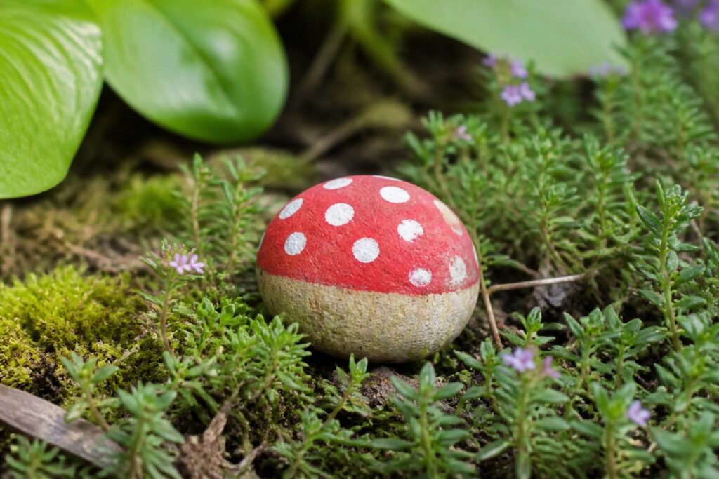 Red mushroom with white spots on green moss beside a purple flower