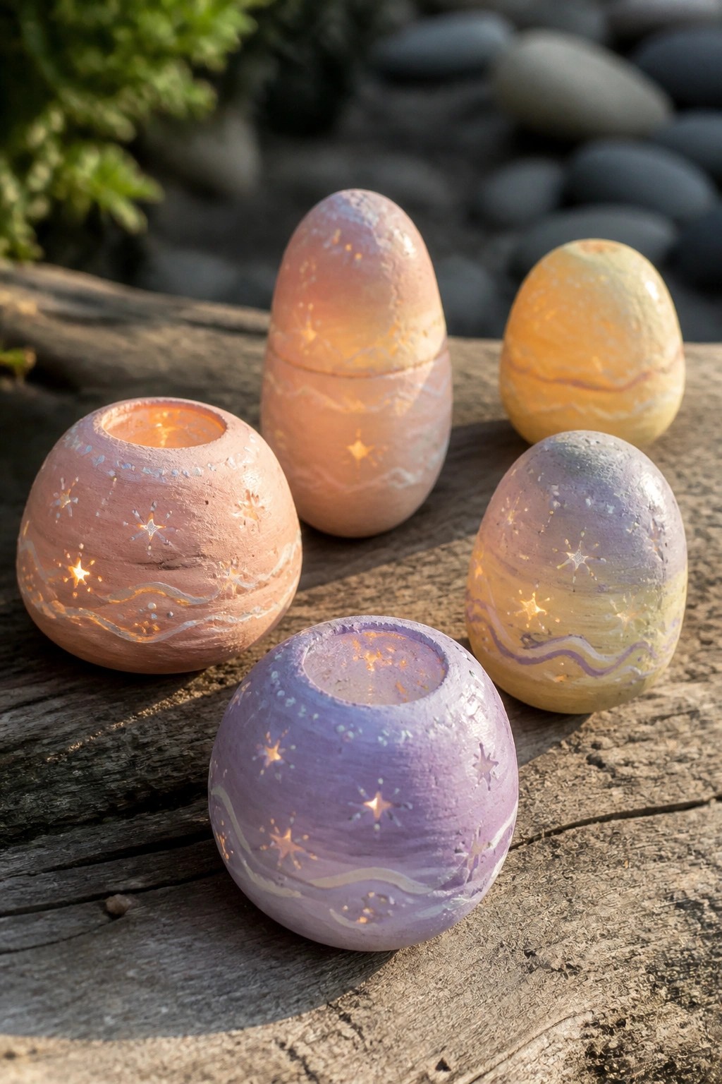 Five glowing pastel ceramic lanterns with stars on wooden surface outdoors