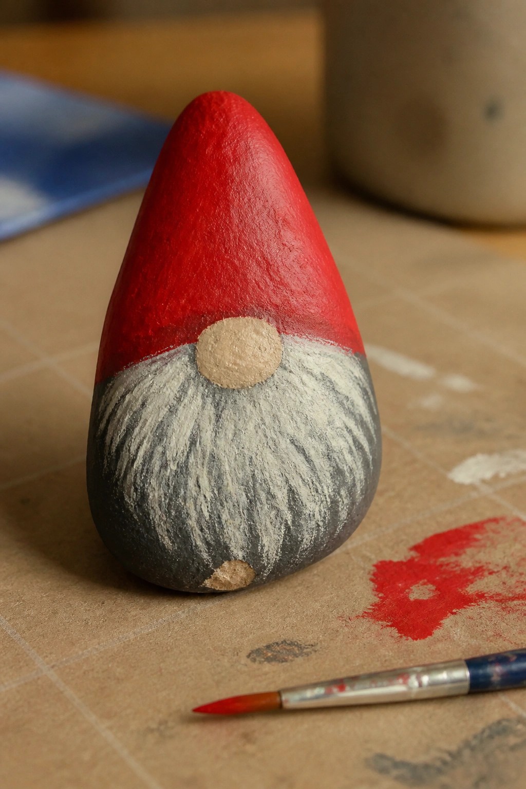 A painted rock shaped like a gnome with a red hat, gray beard, and tan nose sits on brown paper next to a paintbrush and red paint.
