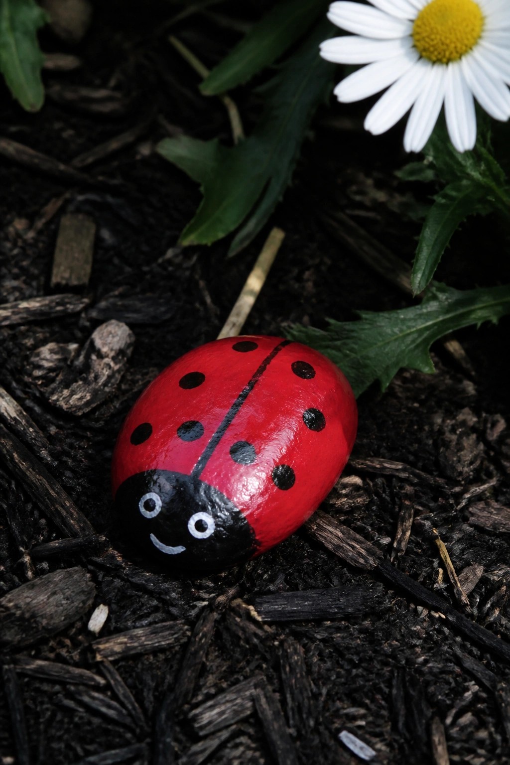 Red ladybug rock painted with black spots, smiling face on dark mulch near daisy