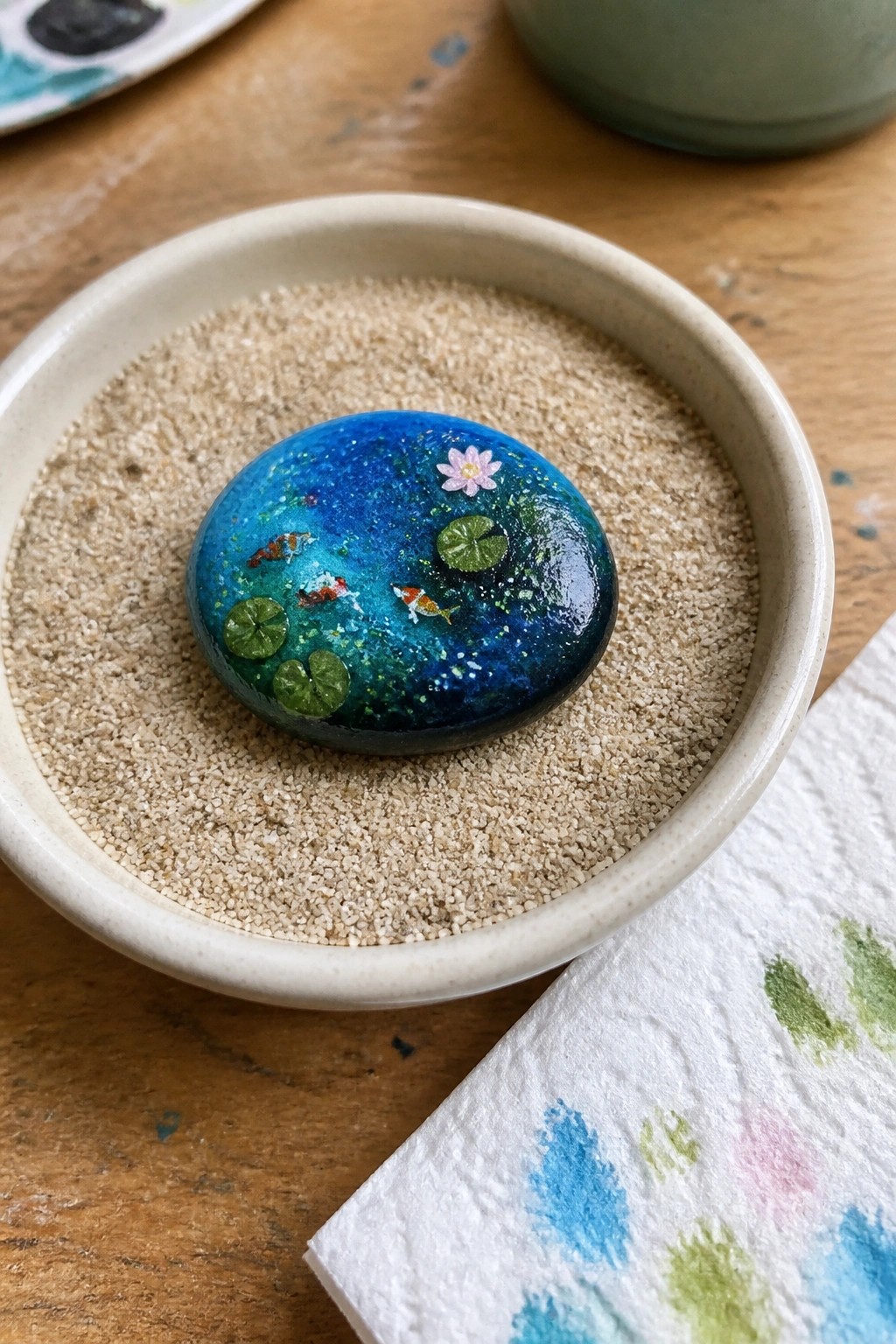 A round painted rock with a blue pond scene, orange fish, green lily pads, and a pink flower rests in a bowl of sand beside a paper towel with paint swatches.