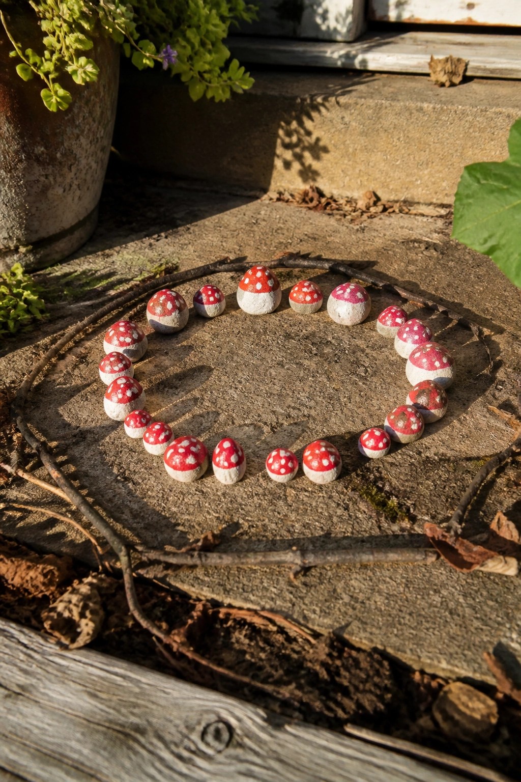 Circle of red and white painted stones resembling spotted mushrooms on stone surface
