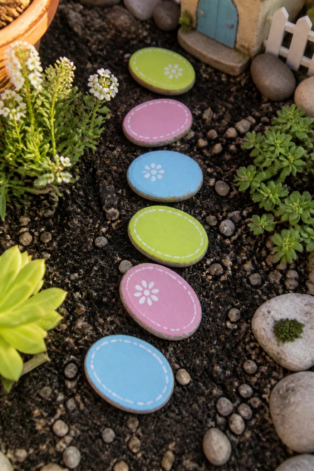 Colorful painted oval stones with flower designs form a path in miniature garden soil.