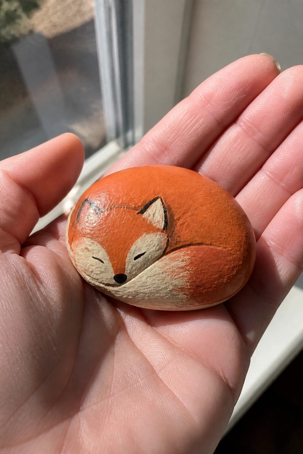 Open hand holding orange rock painted as curled sleeping fox.