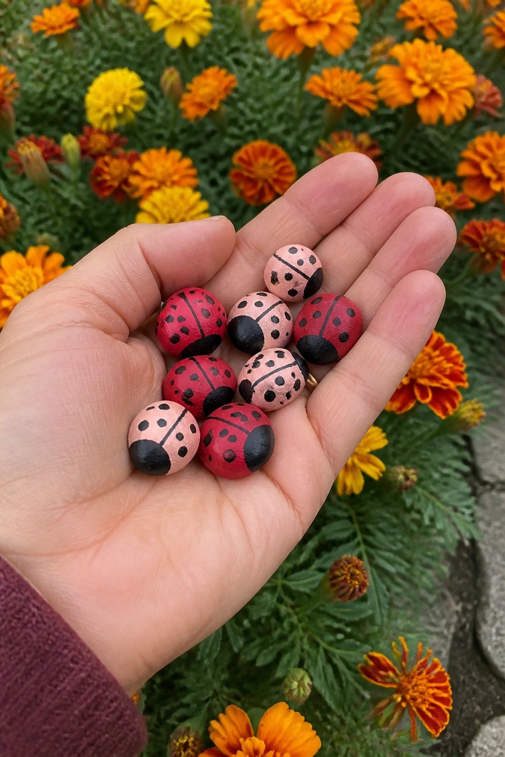 Hand holding red and pink ladybug-painted pebbles above orange marigold flowers.