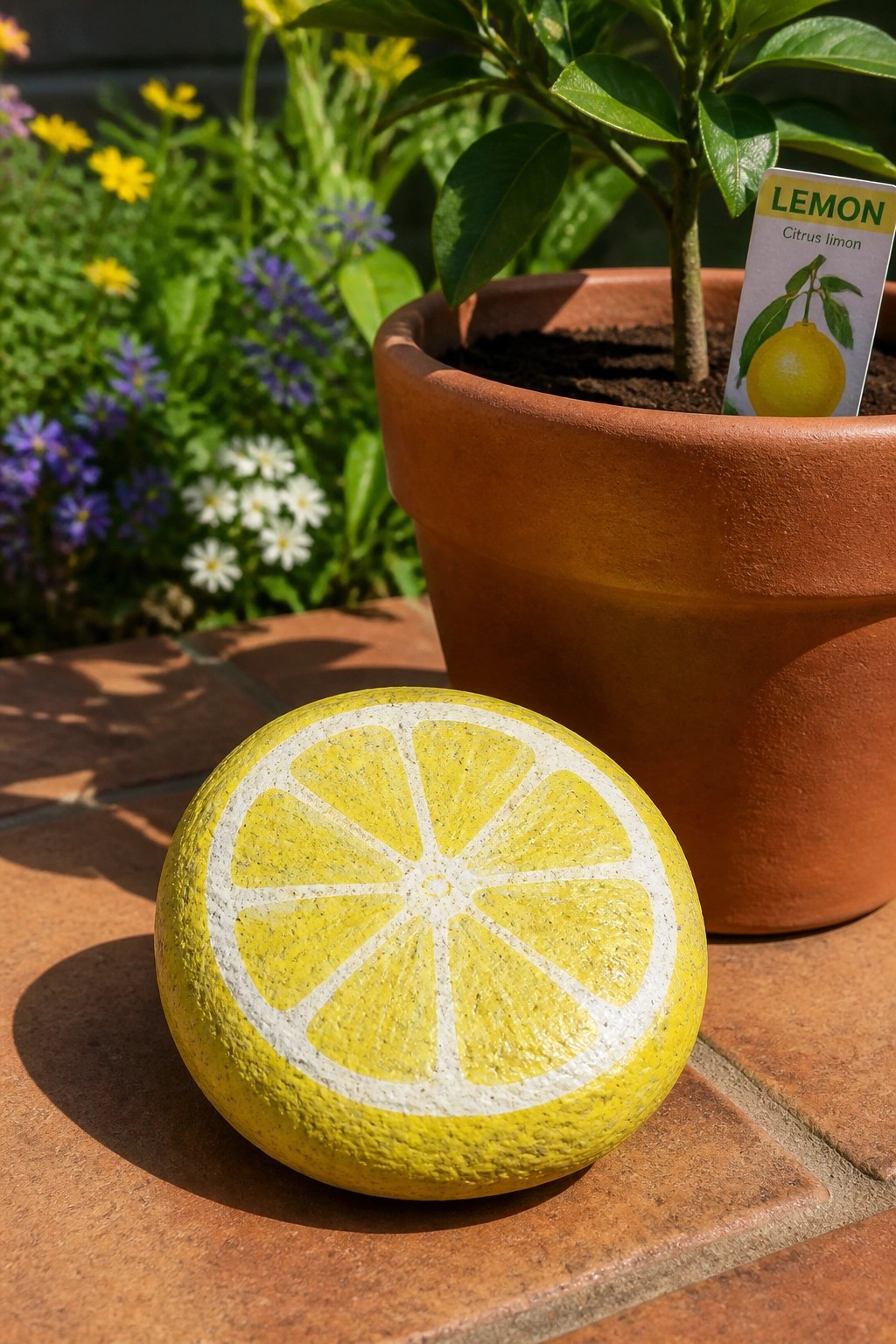 Yellow painted rock with lemon slice design beside potted lemon plant on tiles