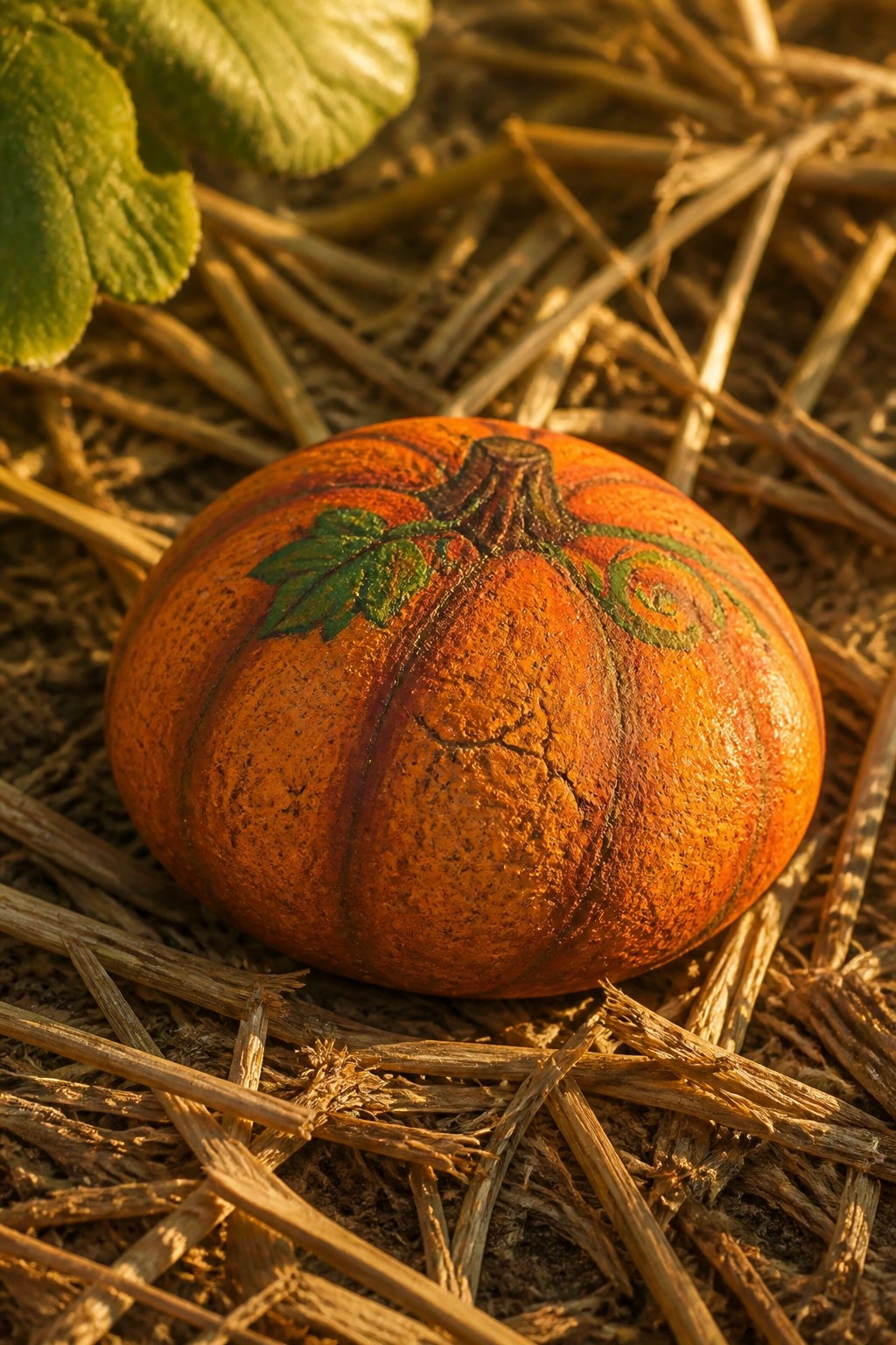 Painted orange pumpkin with green leaves and vines on dry straw in sunlight.