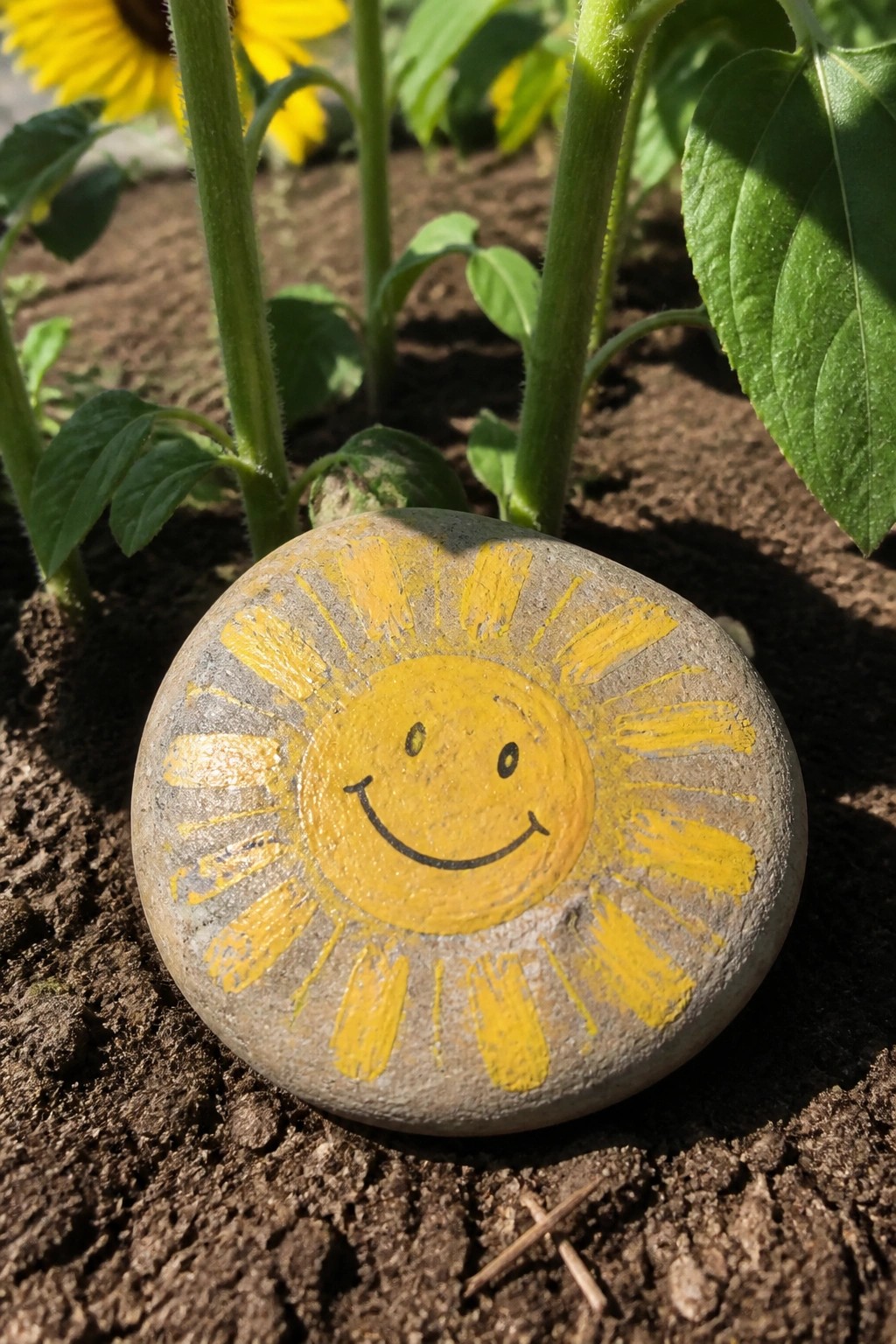 Painted gray rock with yellow smiling sun and rays on garden soil near sunflowers
