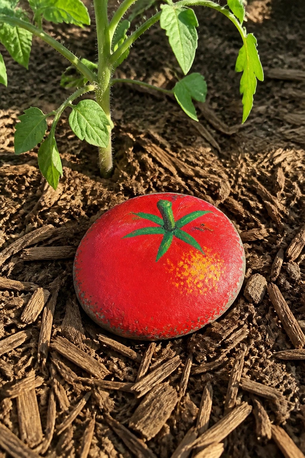 Red painted rock with tomato design beside small plant in wood mulch