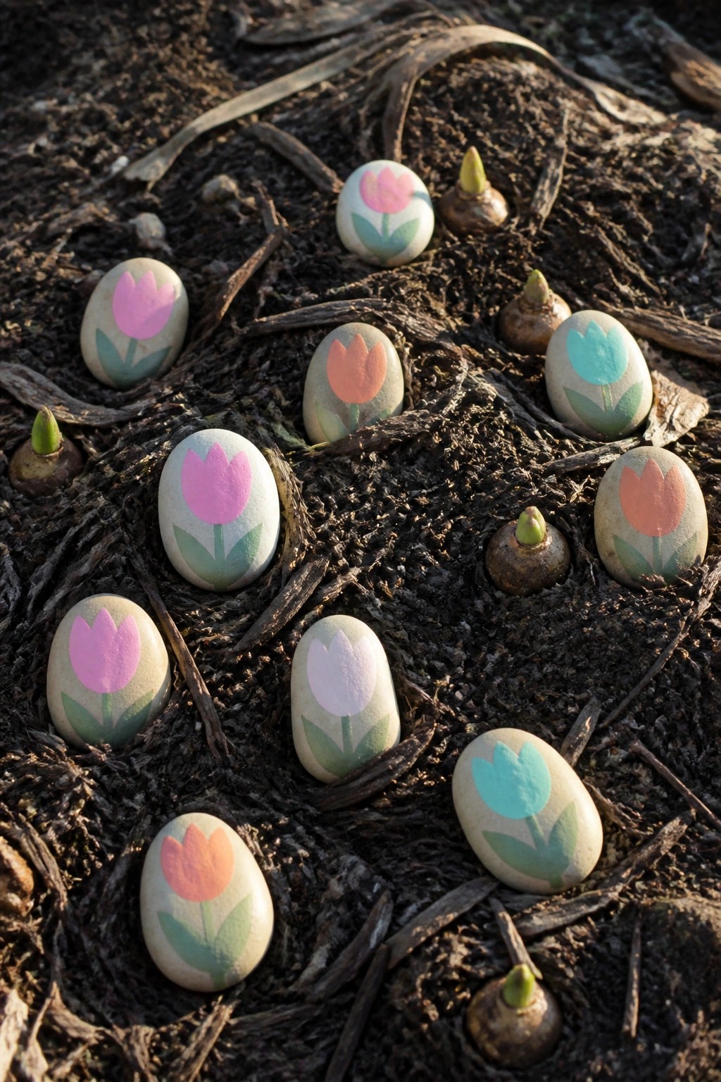 Painted rocks with colorful tulips scattered on dark soil amid dry leaves and sprouts