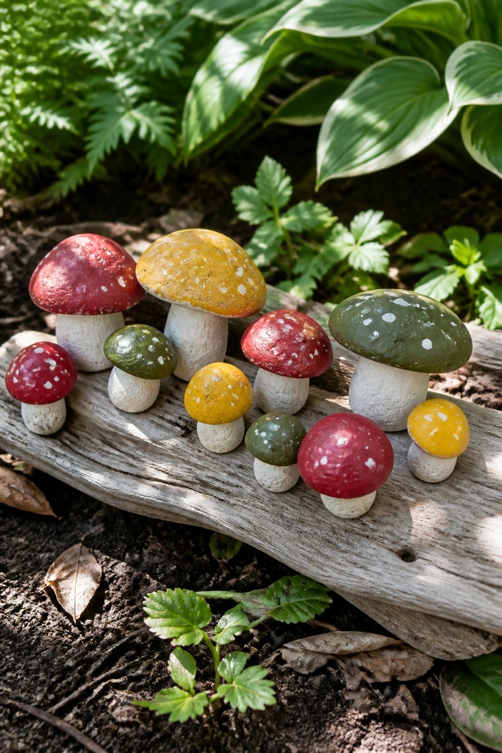 Colorful spotted mushroom figurines in red, yellow, and green on weathered wood.
