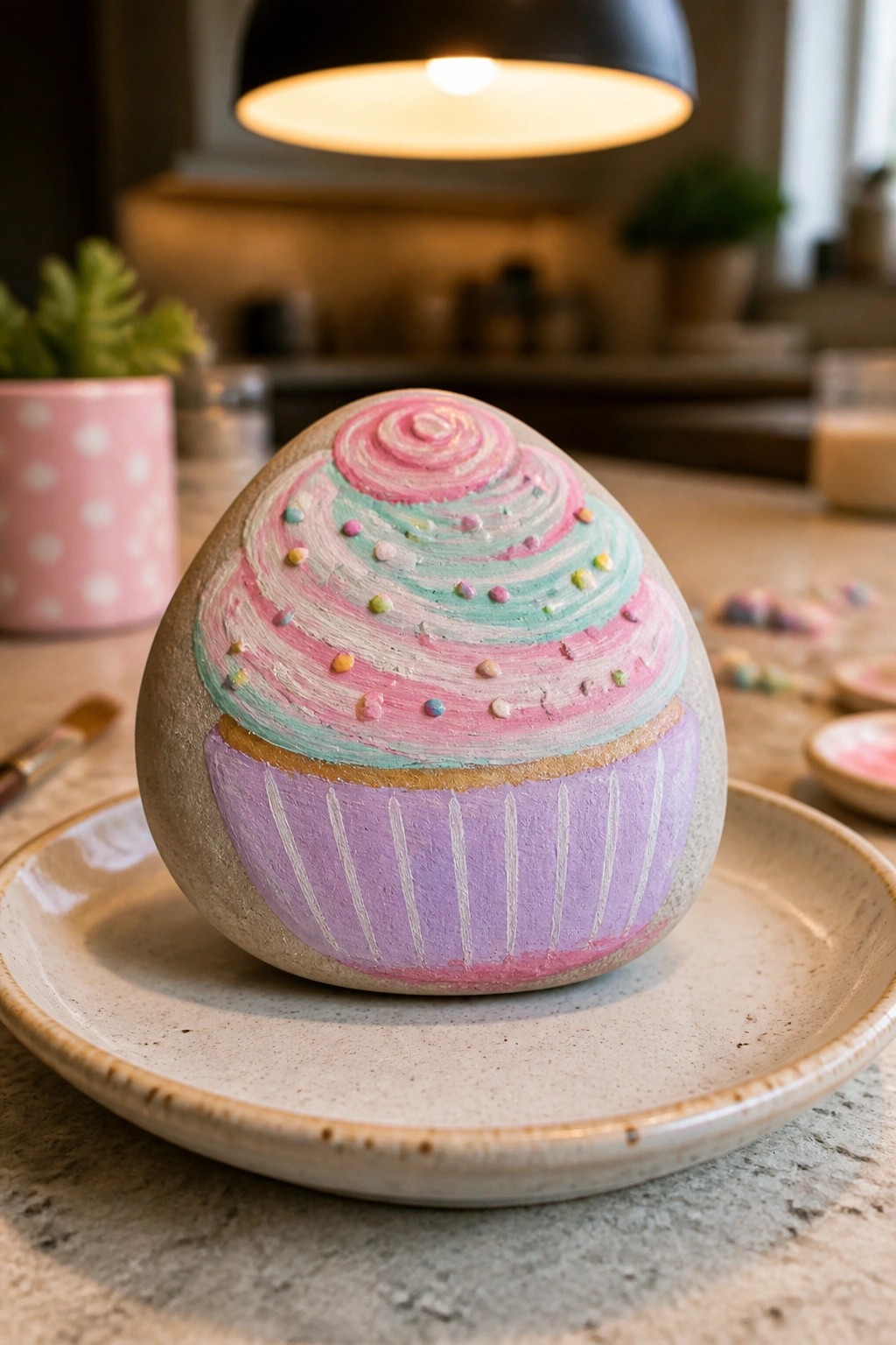 Painted rock cupcake with pink turquoise swirls, purple base, and sprinkles on plate