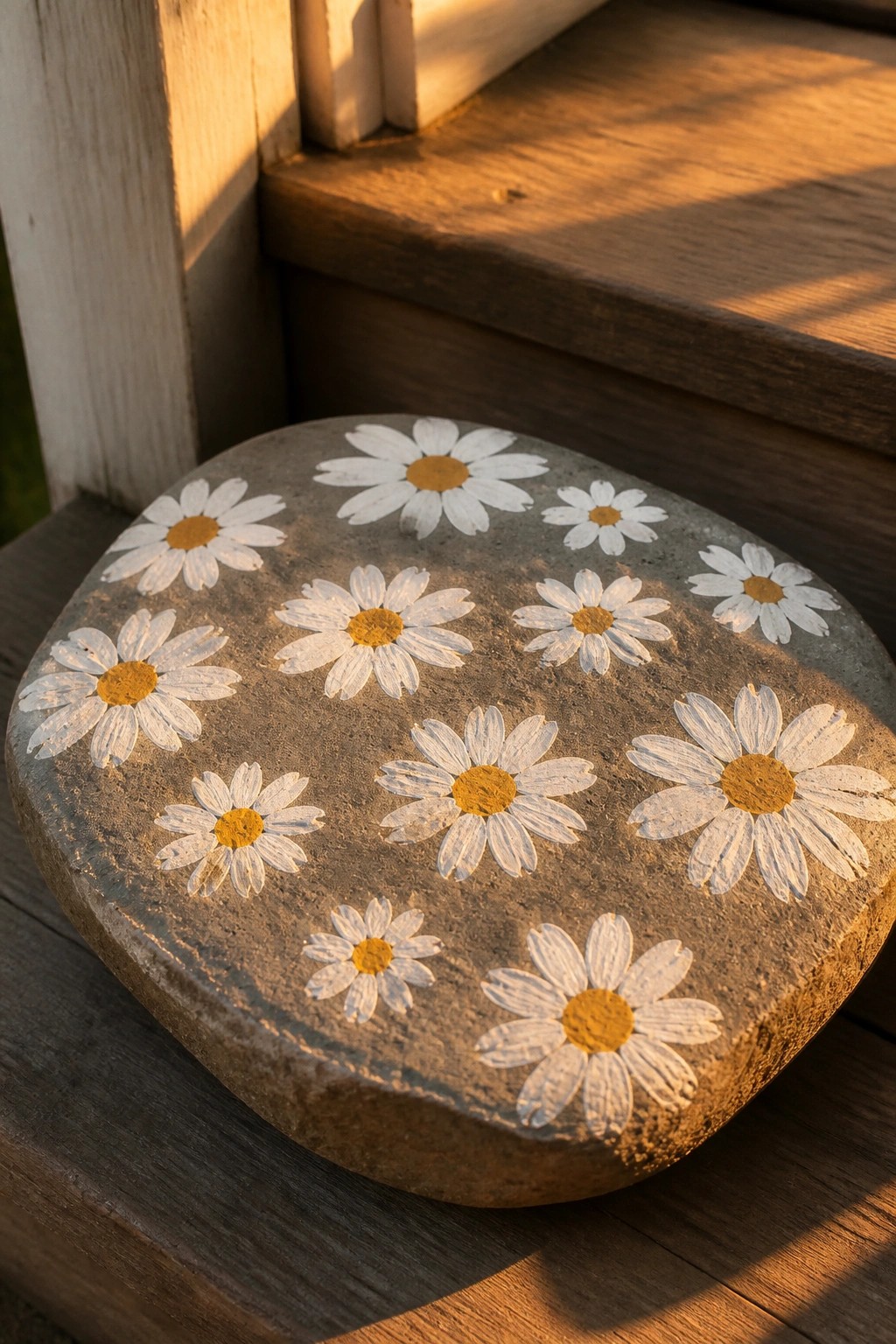 Round stone painted with white and yellow daisies on sunlit wooden steps