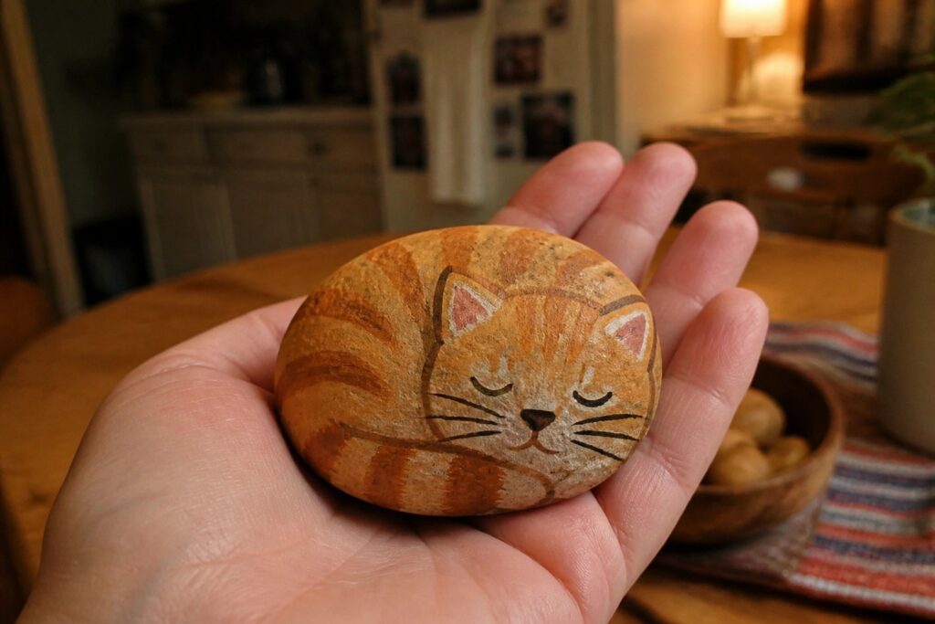 Hand holding a round orange rock painted as a sleeping tabby cat.