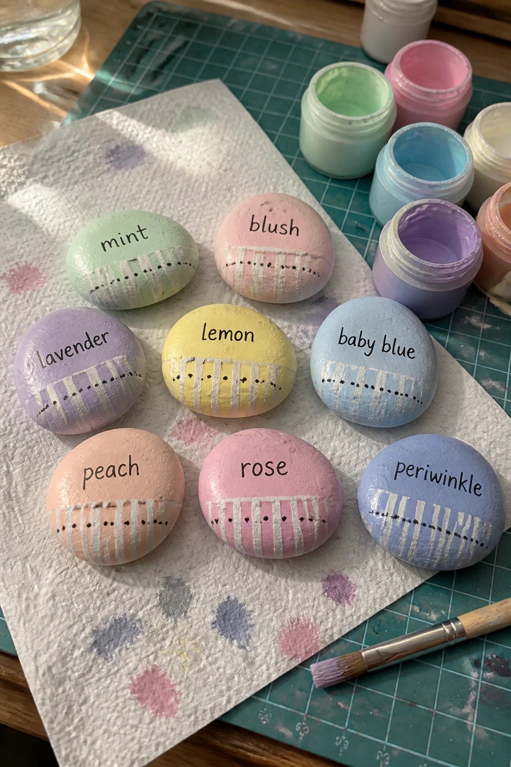 Pastel painted rocks labeled mint to periwinkle with stripes beside open paint jars and brush