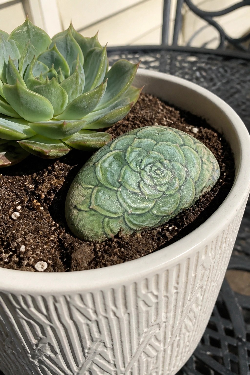 Green succulent plant and painted rock succulent in white textured pot.