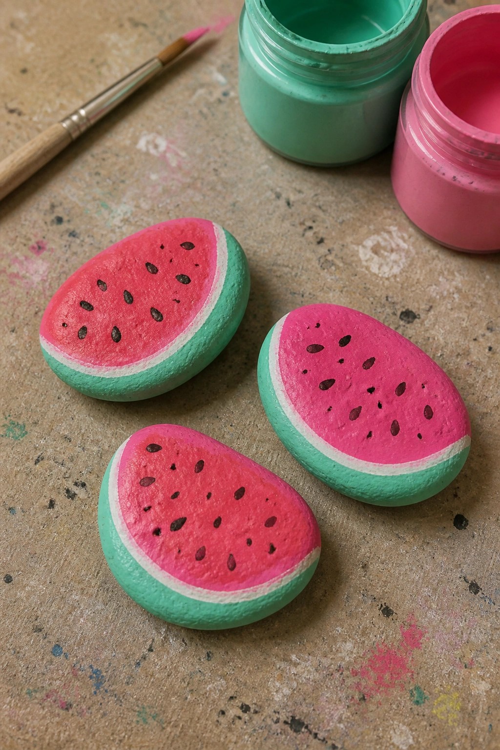 Three oval rocks painted as watermelon slices rest on a textured surface beside open paint jars and a brush.