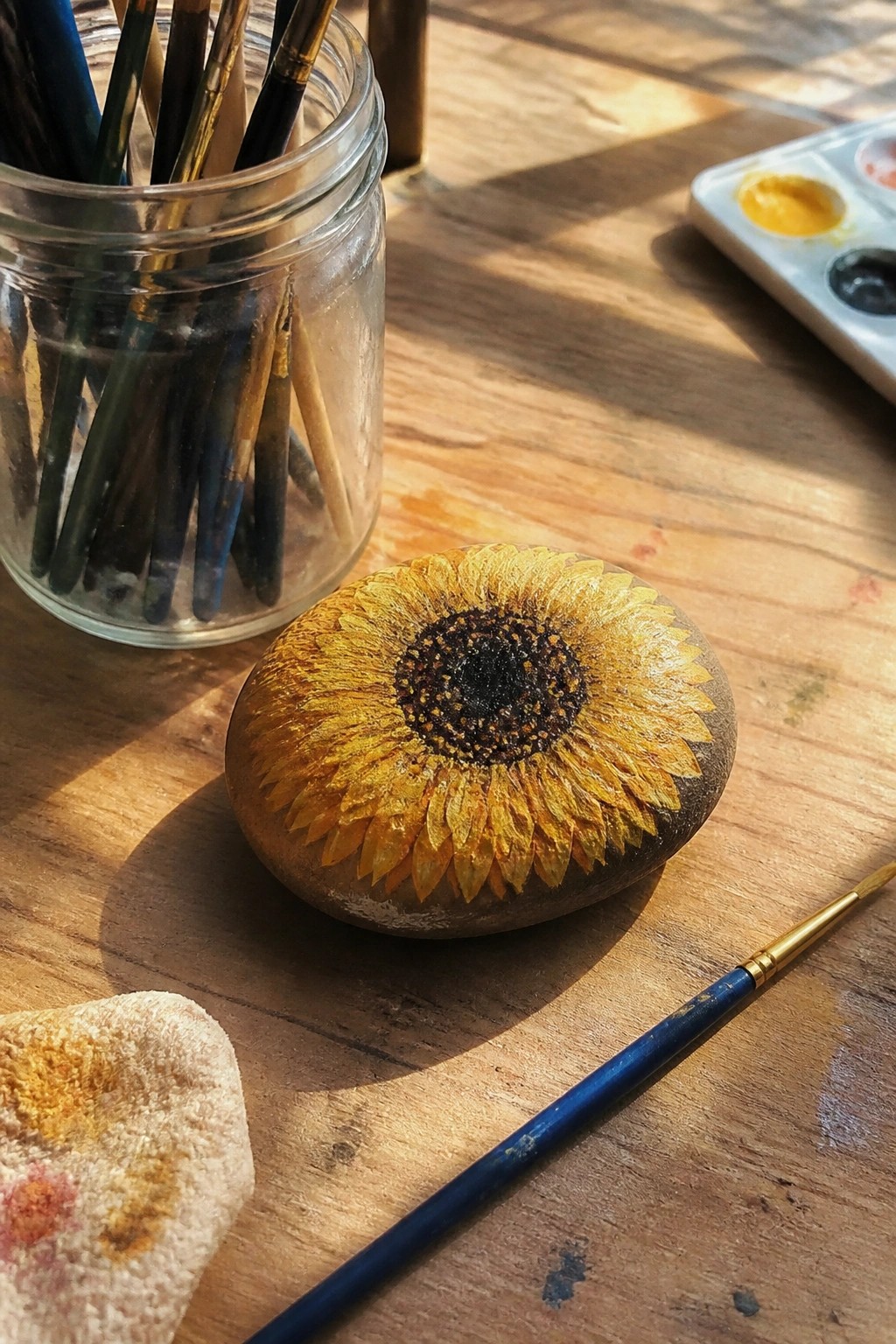 Sunflower-painted rock amid paintbrushes, palette, and rag on sunlit wood