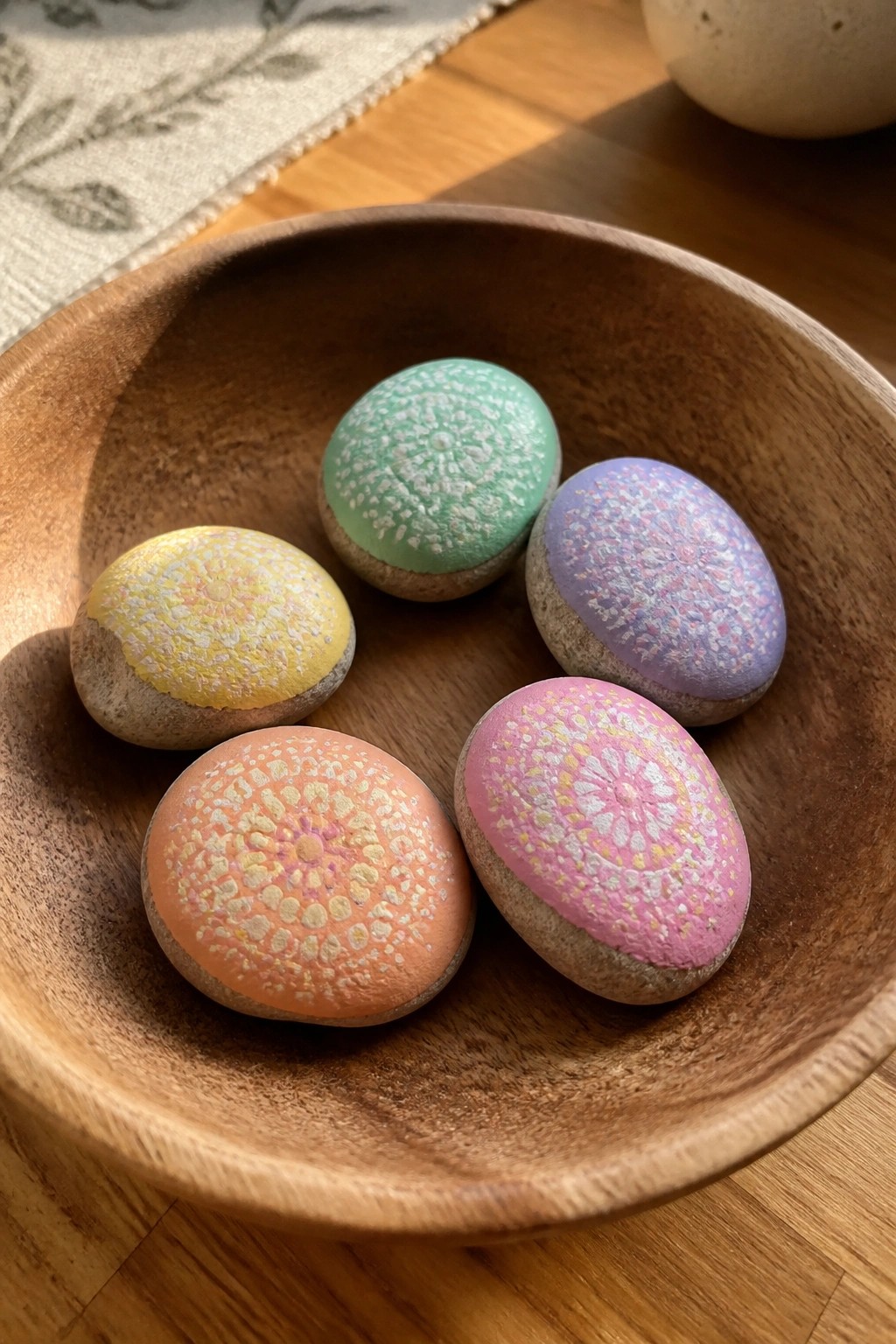 Five pastel mandala-painted stones in a round wooden bowl on a table.