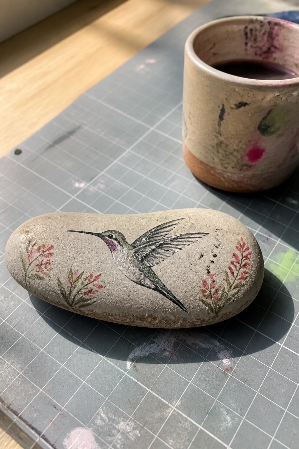 Painted stone with hummingbird and pink flowers beside splattered ceramic cup on mat
