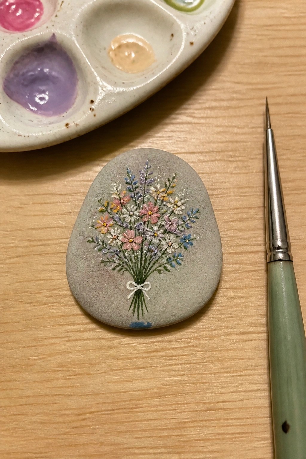 Gray stone with colorful wildflower bouquet beside palette and fine brush on wood