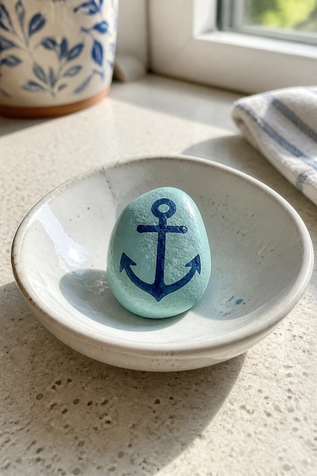 Light blue painted rock with navy anchor in white ceramic bowl on windowsill