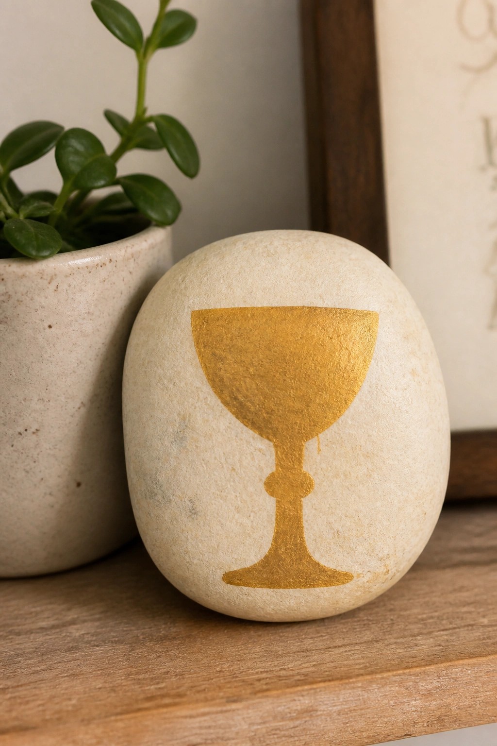 Smooth stone with gold chalice symbol on wooden shelf beside potted plant