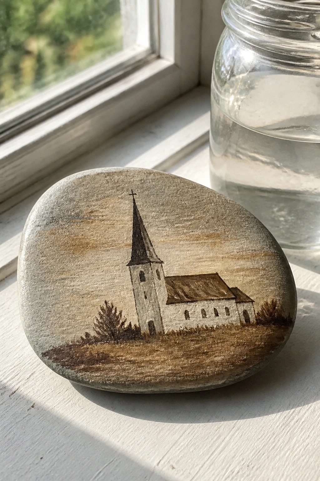 Oval stone painted with white church and steeple on windowsill beside glass jar