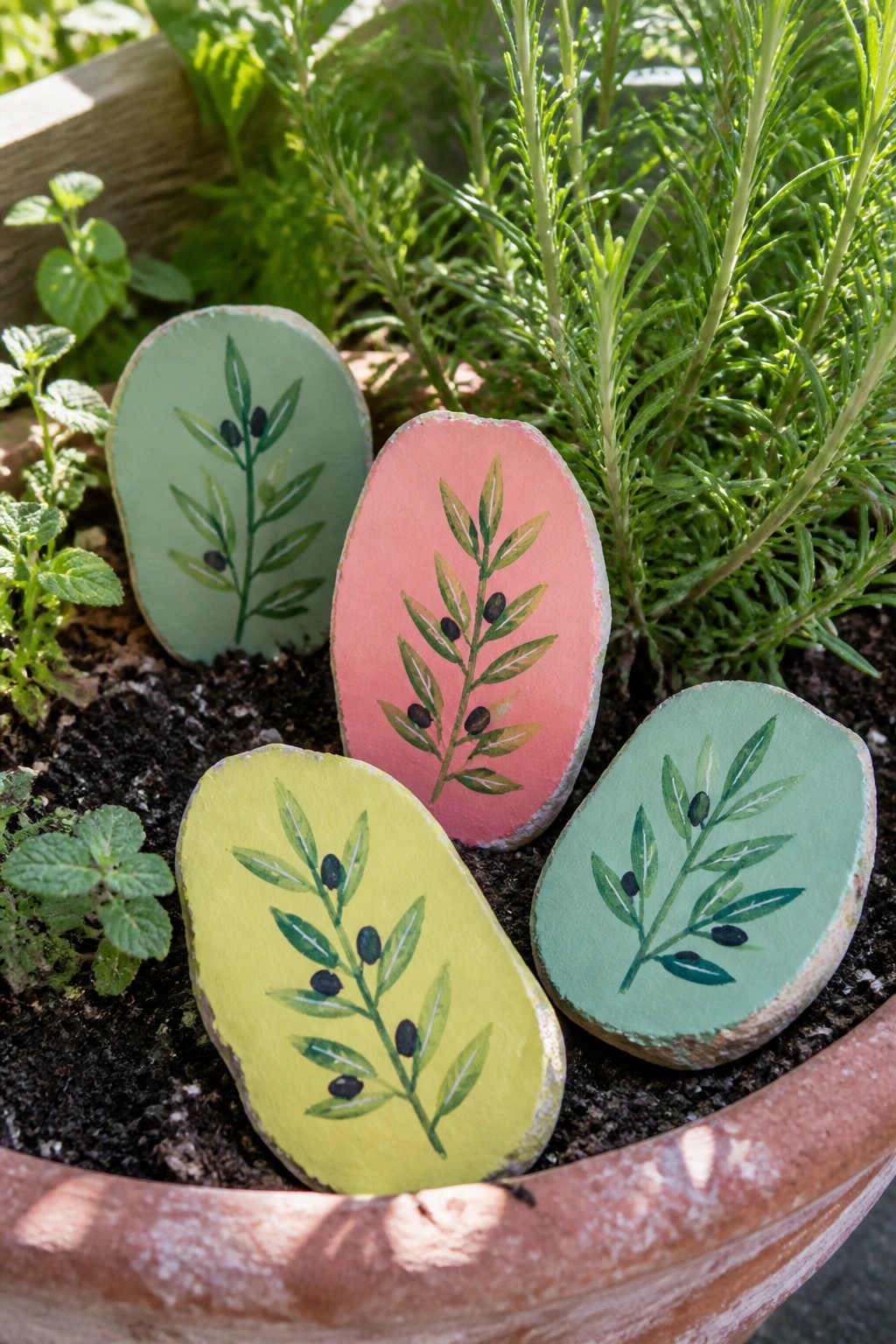 Four colorful painted stones with olive branches in a terracotta herb pot