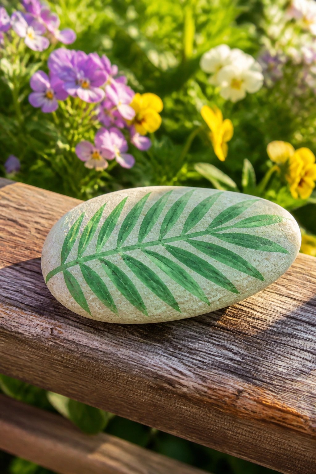 Painted oval stone with green fern leaf on wooden railing amid colorful flowers