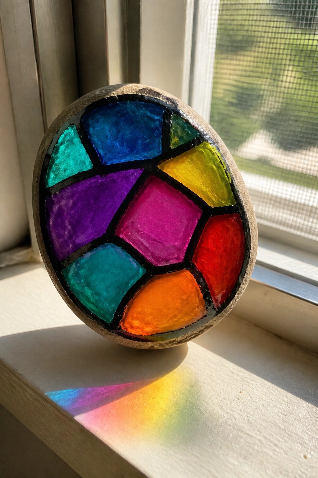 Colorful stained-glass patterned stone on windowsill with rainbow light reflection