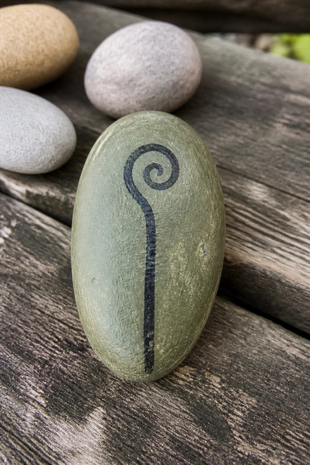 Green oval stone with black spiral symbol on weathered wooden planks.