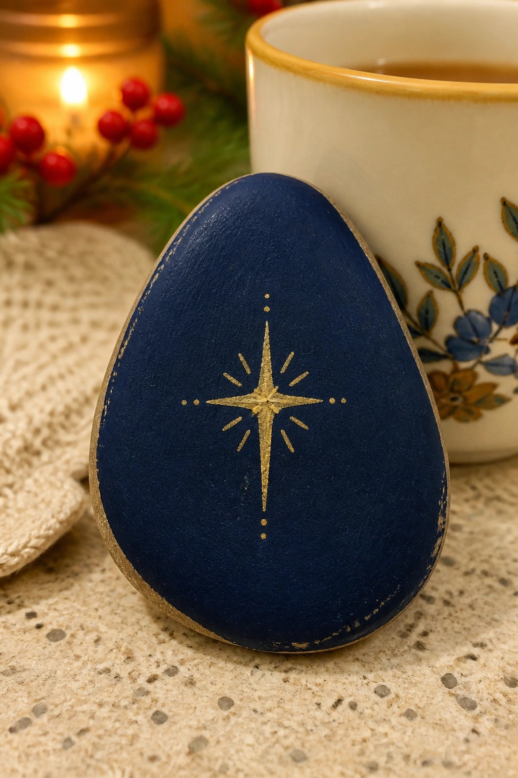 Blue stone with gold star beside floral mug, lit candle, and berries